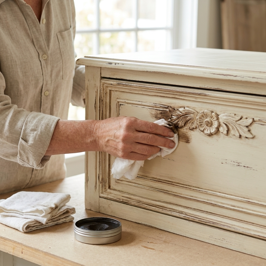 A hand rubbing dark antiquing wax into the corners and carved details of a chalk painted dresser drawer front using a soft cotton rag