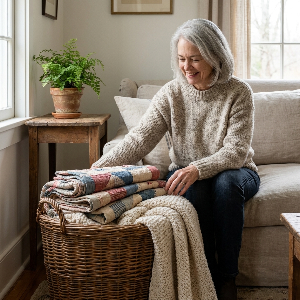 A large thrifted wicker basket beside a sofa holding folded quilts and a chunky knit throw