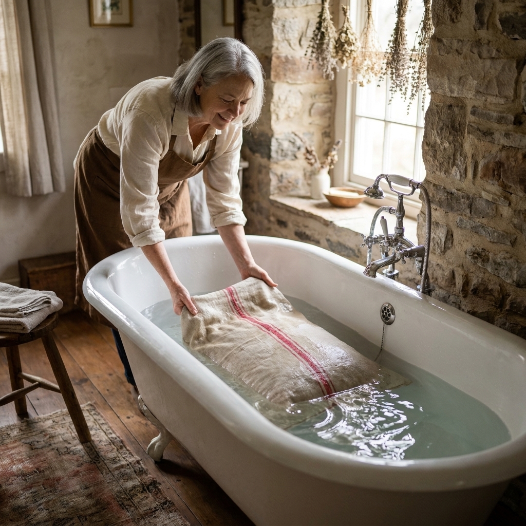 A large vintage linen grainsack soaking in a white clawfoot bathtub with gently rippling water and soft natural light