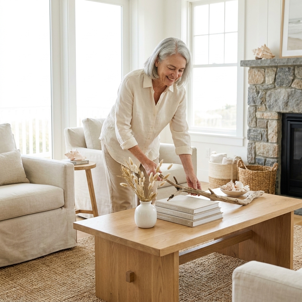 A light wood coffee table styled with a driftwood piece, a small white ceramic vase, and neutral books in a bright farmhouse living room