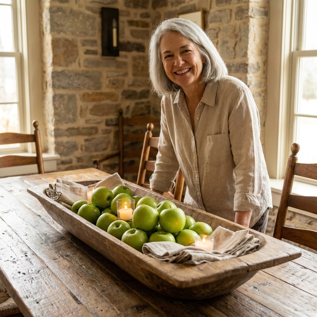 A long wooden dough bowl centered on a rustic dining table, filled with green apples, cloth napkins, and a small candle