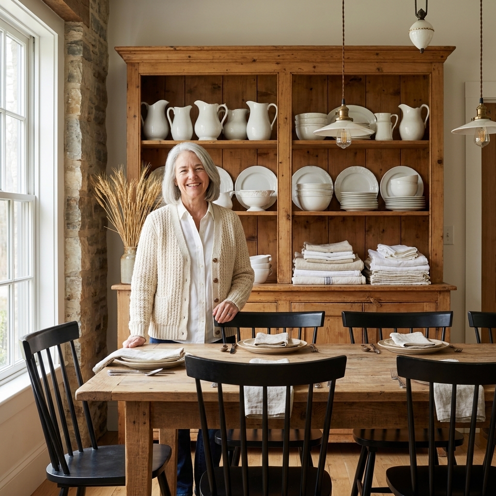 A modern farmhouse dining room with a simple wood table and black spindle chairs, anchored by a tall antique pine hutch filled with white ironstone and stacked linens
