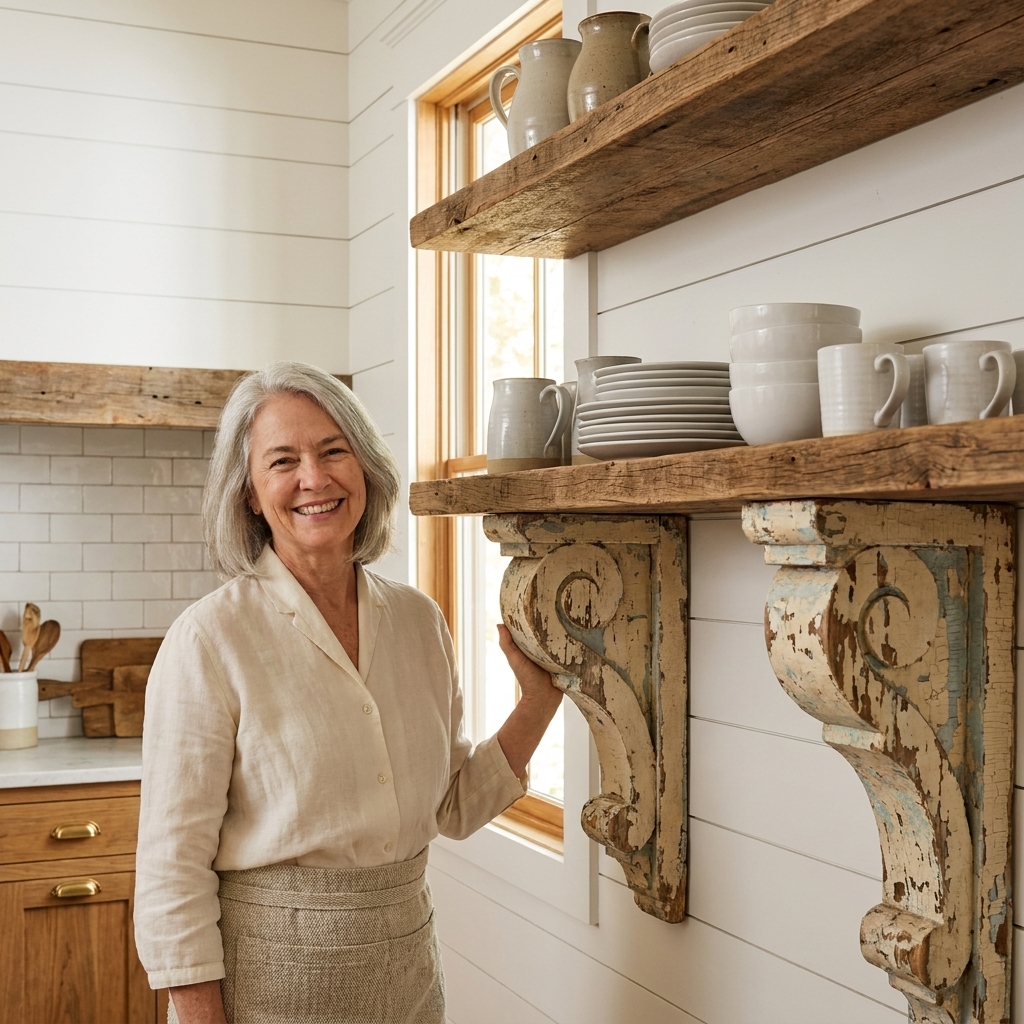 A modern farmhouse kitchen with a warm wood open shelf supported by two ornate antique corbels with chippy paint, styled with simple white dishes