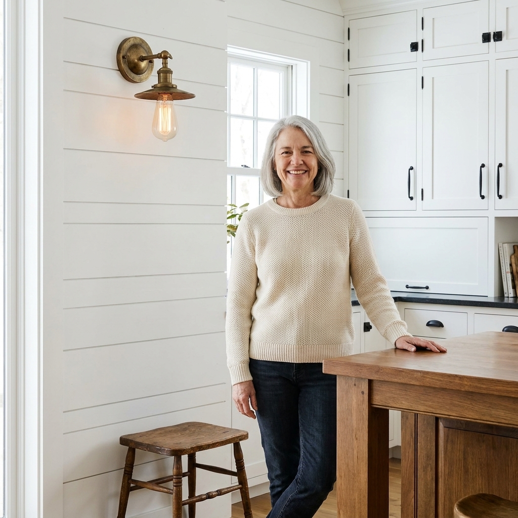 A modern farmhouse kitchen with white cabinets, black iron hardware, and an aged brass vintage wall sconce above a small antique wood stool tucked near the island