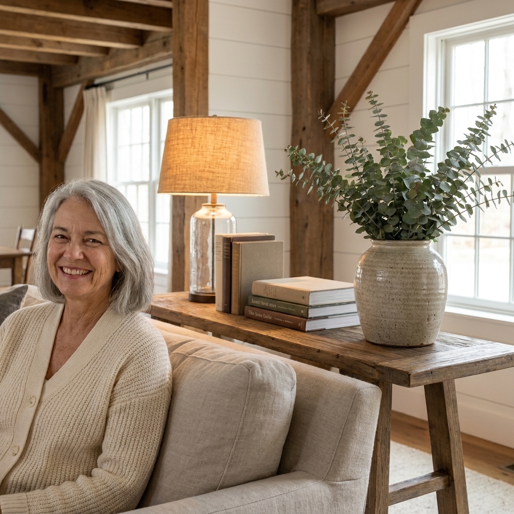 A modern farmhouse living room with a narrow console table behind the sofa styled with a warm lamp, a stack of books, and a ceramic vase with greenery