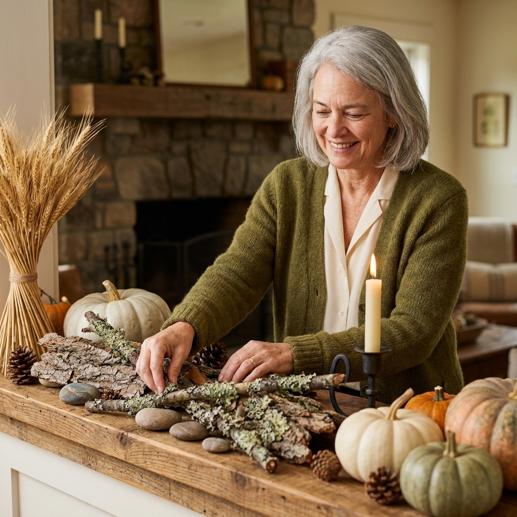 A natural fall mantel vignette with pieces of bark, lichen-covered twigs, smooth stones, and a black iron candleholder