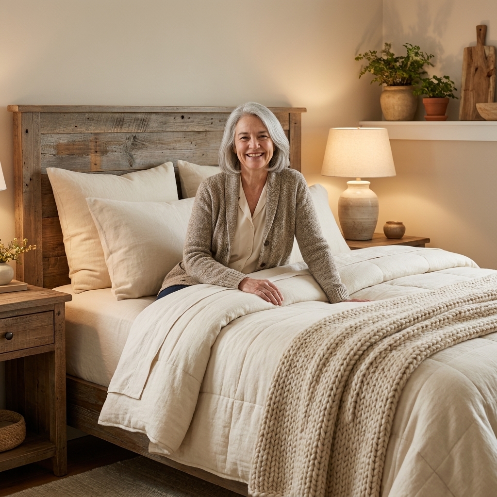 A neatly made bed with layered linen bedding, a cream quilt, and a textured throw blanket folded at the foot