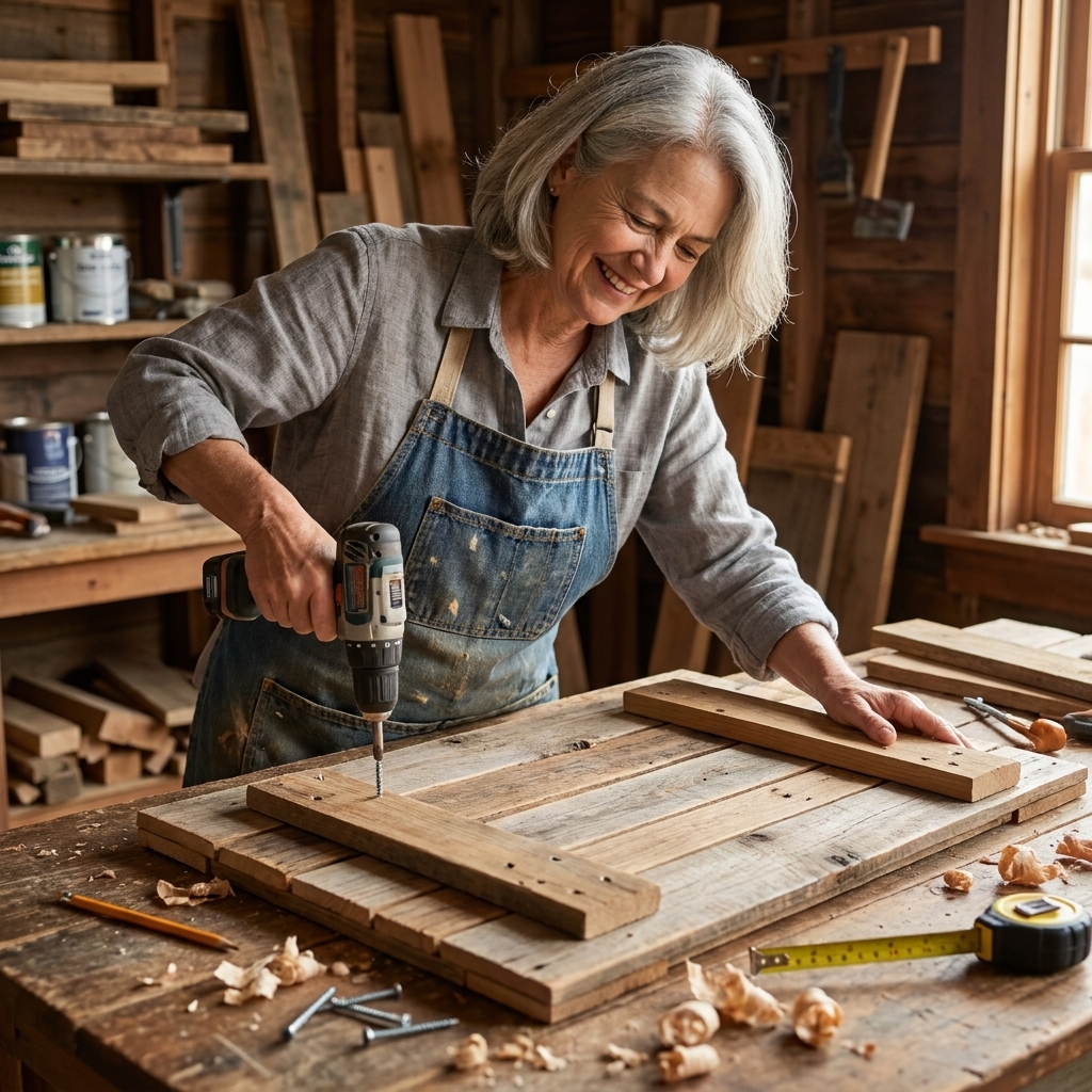 A pallet wood sign panel lying face down on a workbench with two wooden back braces being attached using wood screws and a drill