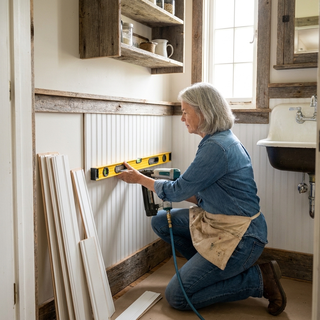 A person installing beadboard wainscoting in a small bathroom, using a level and nailer near the baseboard with trim pieces staged nearby