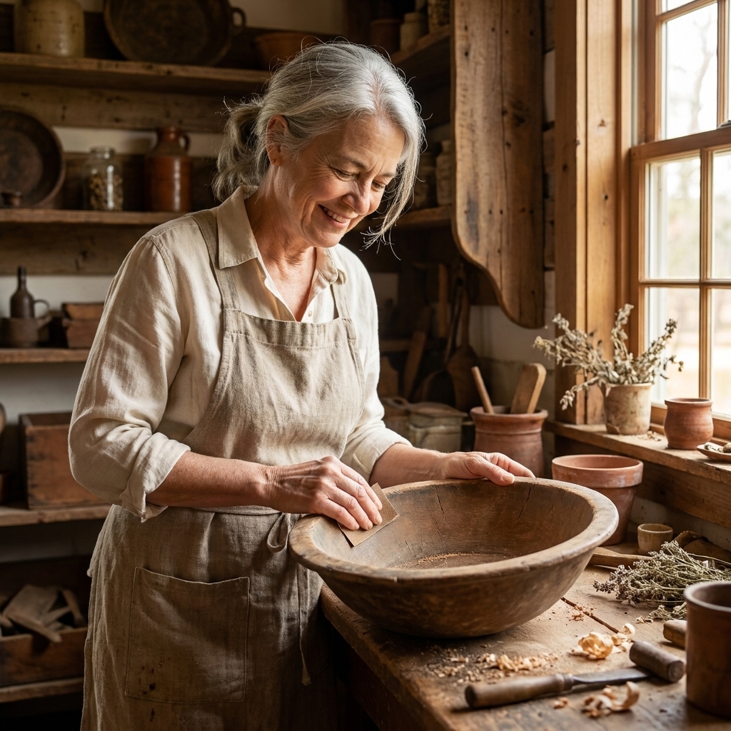A person lightly sanding the rim of an antique wooden dough bowl with fine sandpaper in a warm workshop