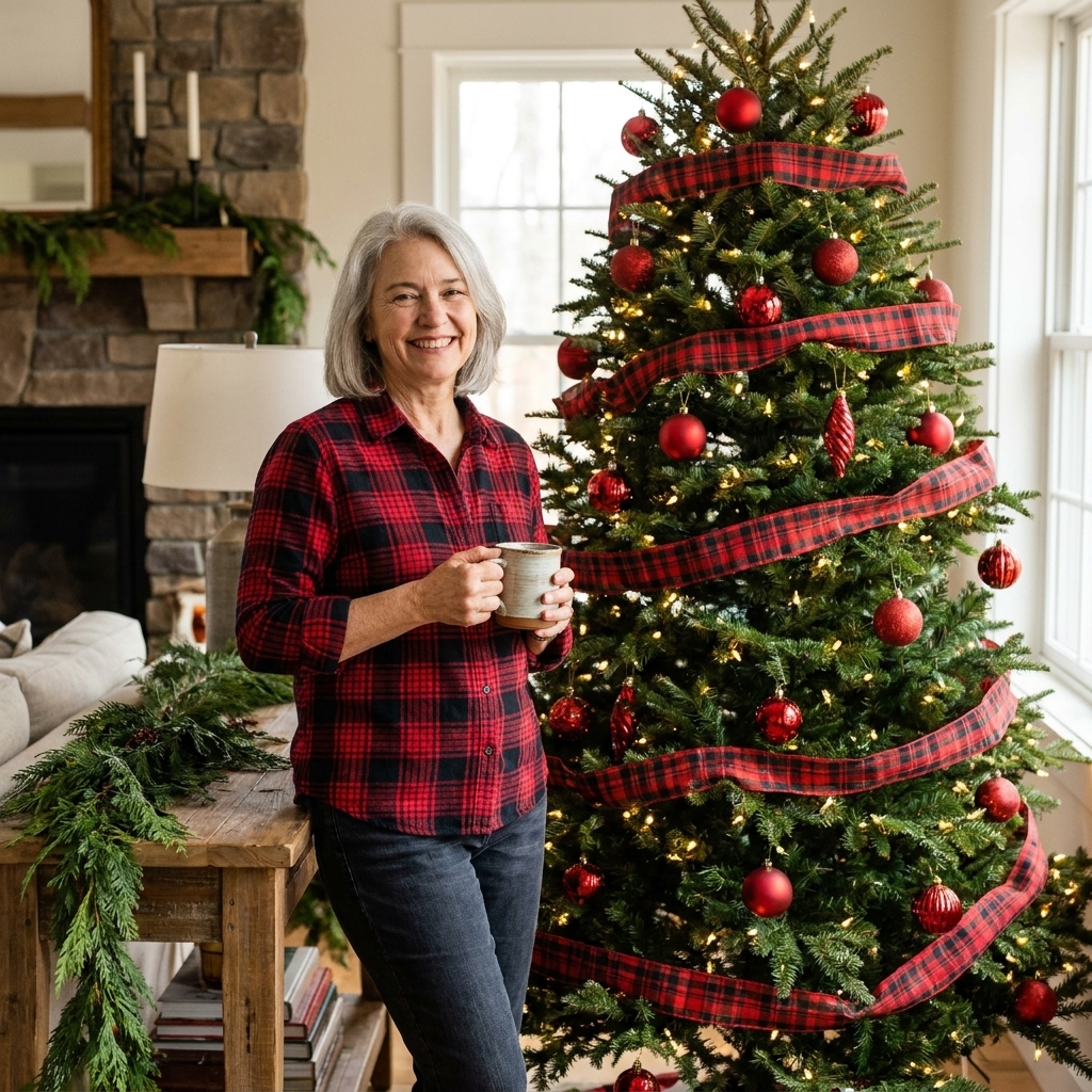 A real Christmas tree in a farmhouse living room decorated with red ornaments, plaid ribbon, warm white lights, and simple evergreen garland near a wooden side table