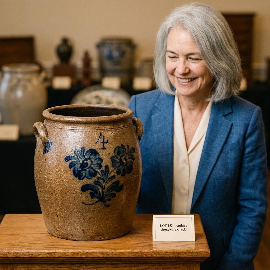 A real antique stoneware crock with a salt-glazed surface and dark cobalt marking on an auction preview table