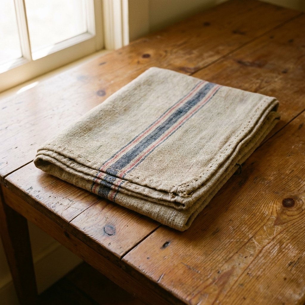 A real folded antique grain sack with faded stripes and visible stitching resting on a rustic pine tabletop in soft daylight