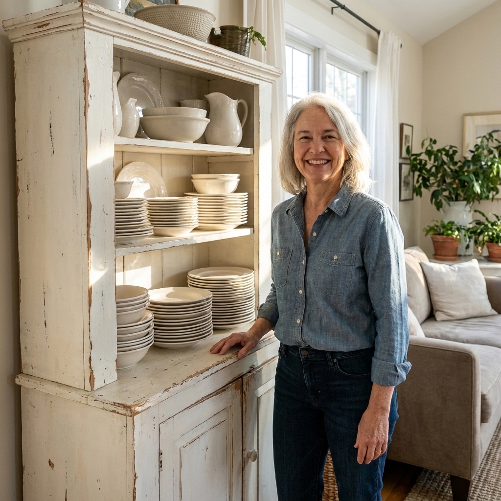 A real painted vintage farmhouse hutch with worn edges and stacked ironstone dishes in a bright living room