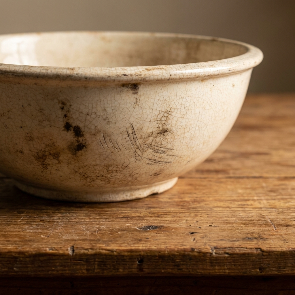 A real vintage ironstone bowl with crazing and utensil marks resting on a rustic wooden table