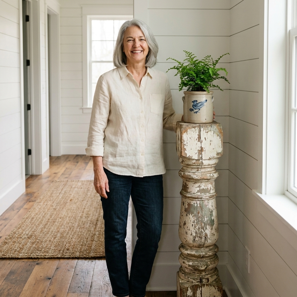 A reclaimed turned porch post used as a pedestal in a modern farmhouse hallway, topped with a stoneware crock and a small green plant