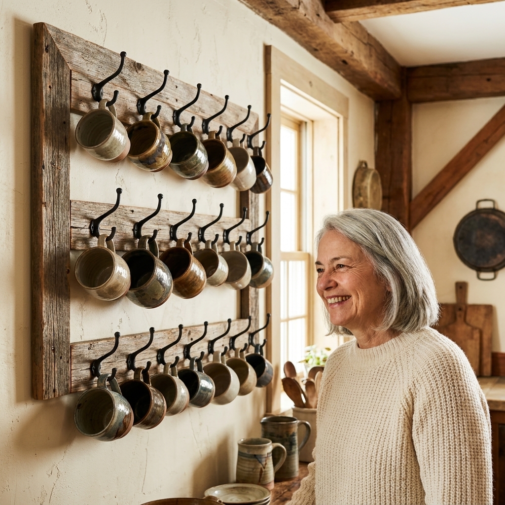 A reclaimed wood mug rack mounted on a kitchen wall with black iron hooks holding mismatched ceramic mugs