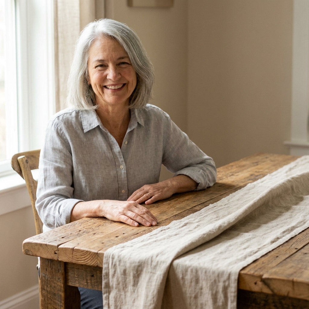 A reclaimed wood table with a natural vintage linen runner draped down the center, showing the table's grain and saw marks