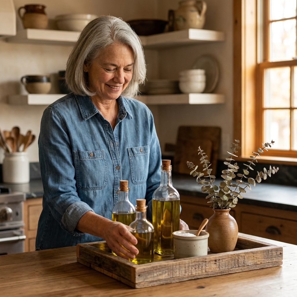 A reclaimed wood tray with simple handles holding olive oil bottles, a crock of salt, and a small vase on a kitchen counter