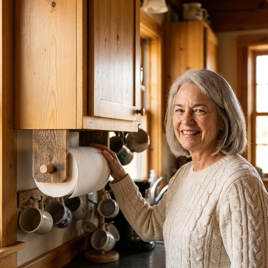 A reclaimed wood under-shelf paper towel holder mounted beneath a kitchen cabinet with a roll of paper towels on a dowel