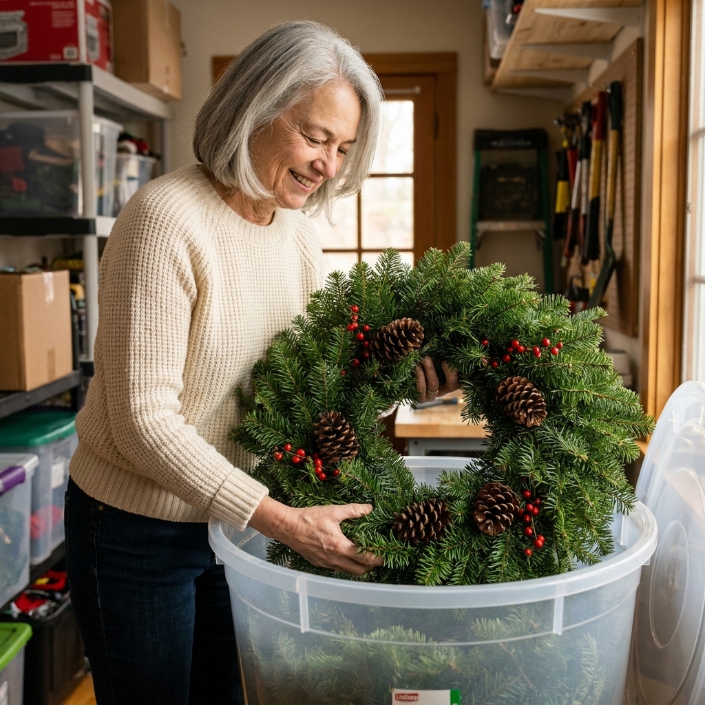 A round wreath tucked into a sturdy wreath storage bin in a home storage room, with greenery kept full and uncrushed