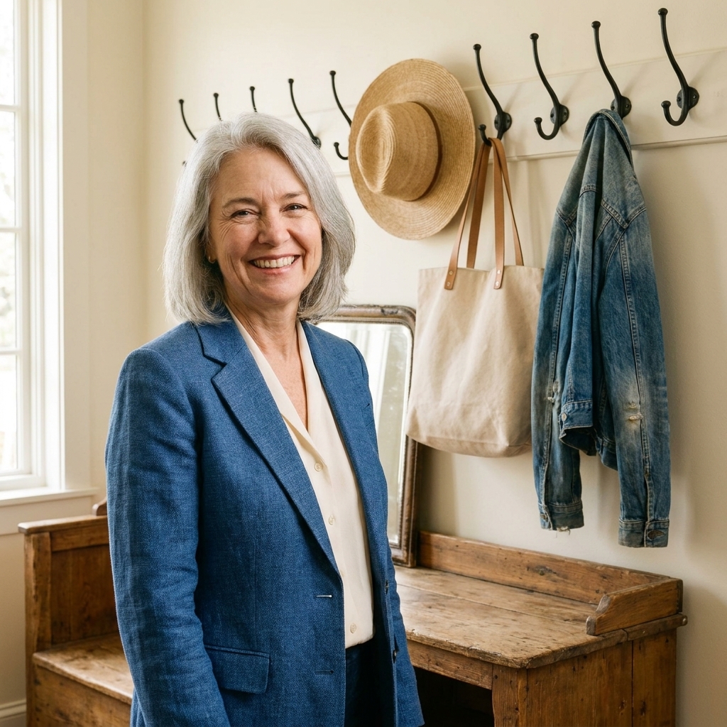 A row of black wrought-iron wall hooks mounted on a light painted wall, holding a straw hat, a canvas tote, and a denim jacket in a small farmhouse entryway
