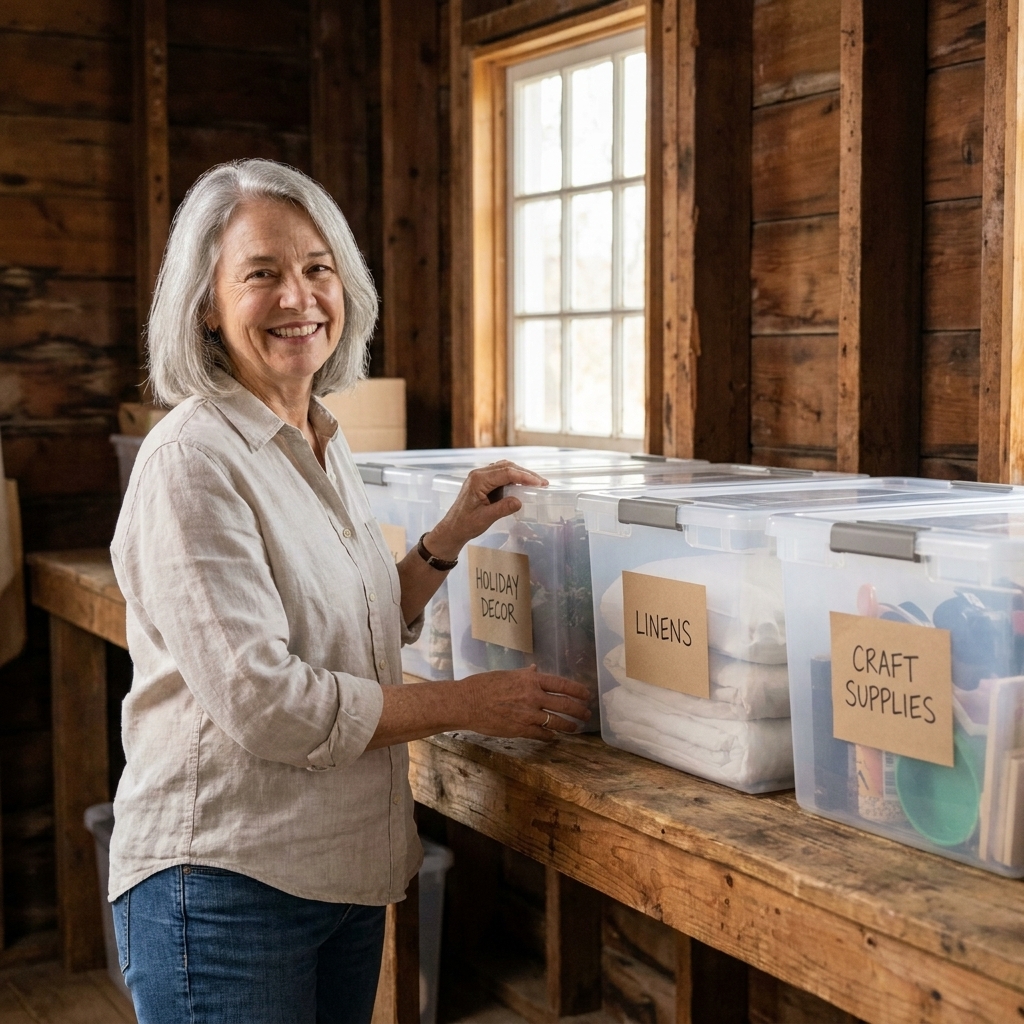 A row of clear latching plastic totes with simple kraft paper labels on a shelf, styled in a rustic farmhouse storage space