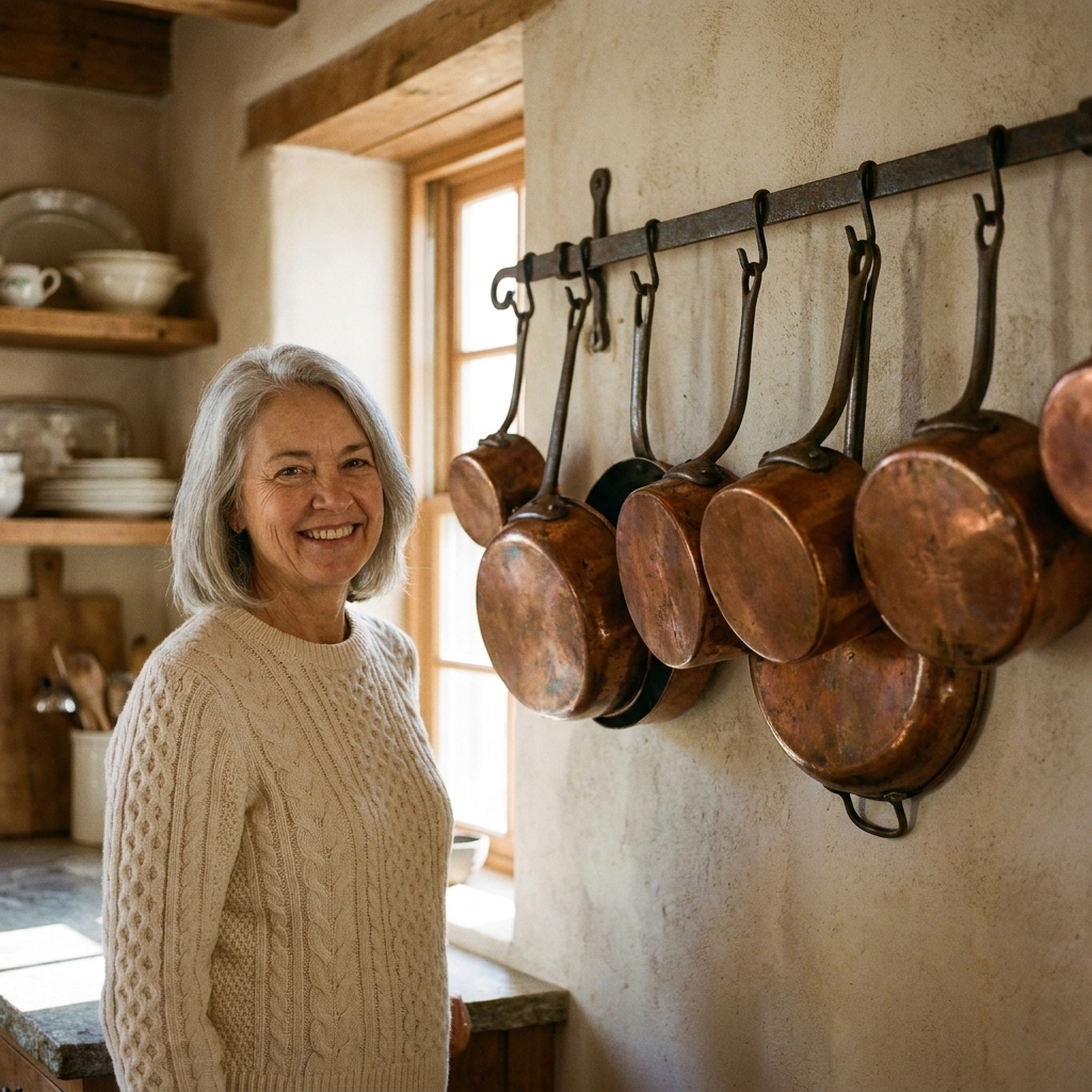 A row of vintage copper pots and pans hanging from a simple wall-mounted rack in a cozy farmhouse kitchen