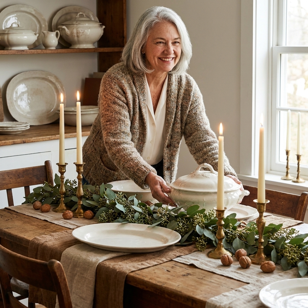A rustic Thanksgiving centerpiece featuring a vintage ironstone tureen and oval platters nestled into a garland of eucalyptus, with brass candlesticks holding cream taper candles and a few walnuts scattered along the runner