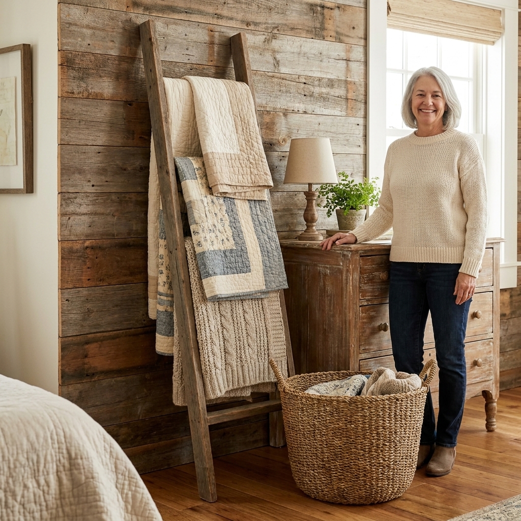 A rustic blanket ladder in a calm farmhouse bedroom beside a wooden dresser, holding layered quilts and neutral throws with a woven basket on the floor