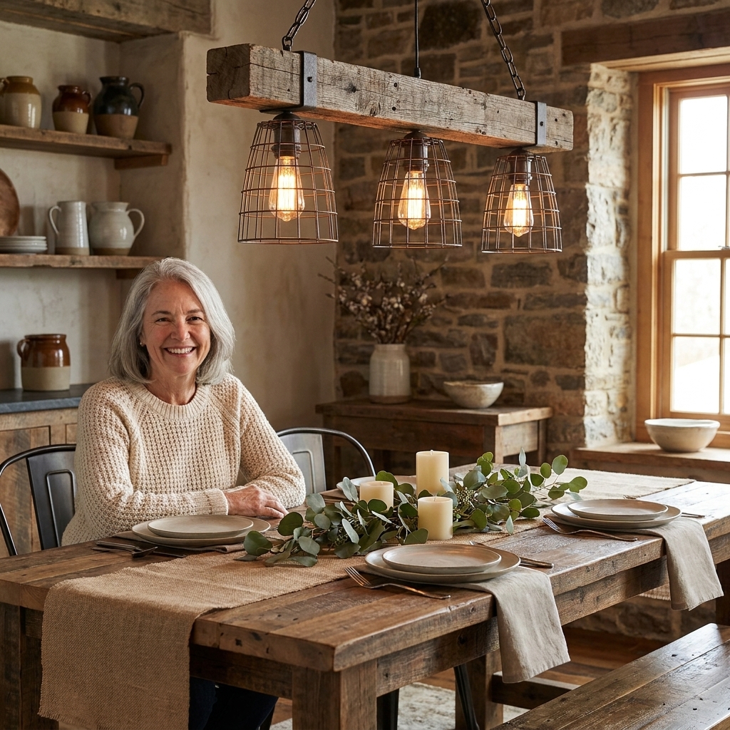 A rustic dining room with a reclaimed wood beam chandelier holding three wire basket shades, centered over a farmhouse table with simple place settings