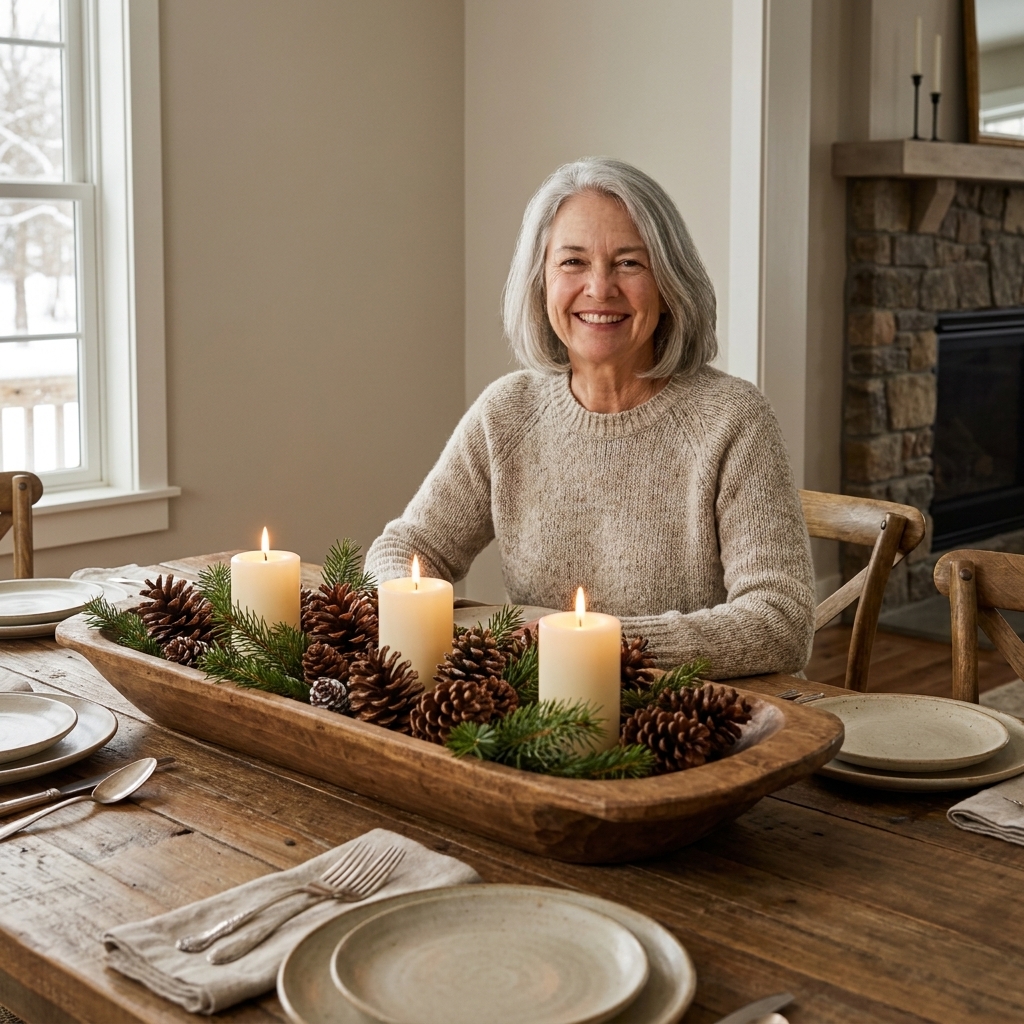 A rustic farmhouse dining table with a simple winter centerpiece of a wooden dough bowl filled with pinecones and a few ivory candles, set in a cozy neutral dining room