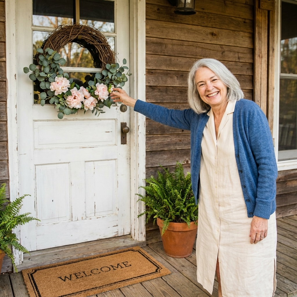 A rustic farmhouse front porch with a grapevine wreath featuring eucalyptus and peonies hanging on a painted front door, with a coir doormat and a simple potted plant nearby