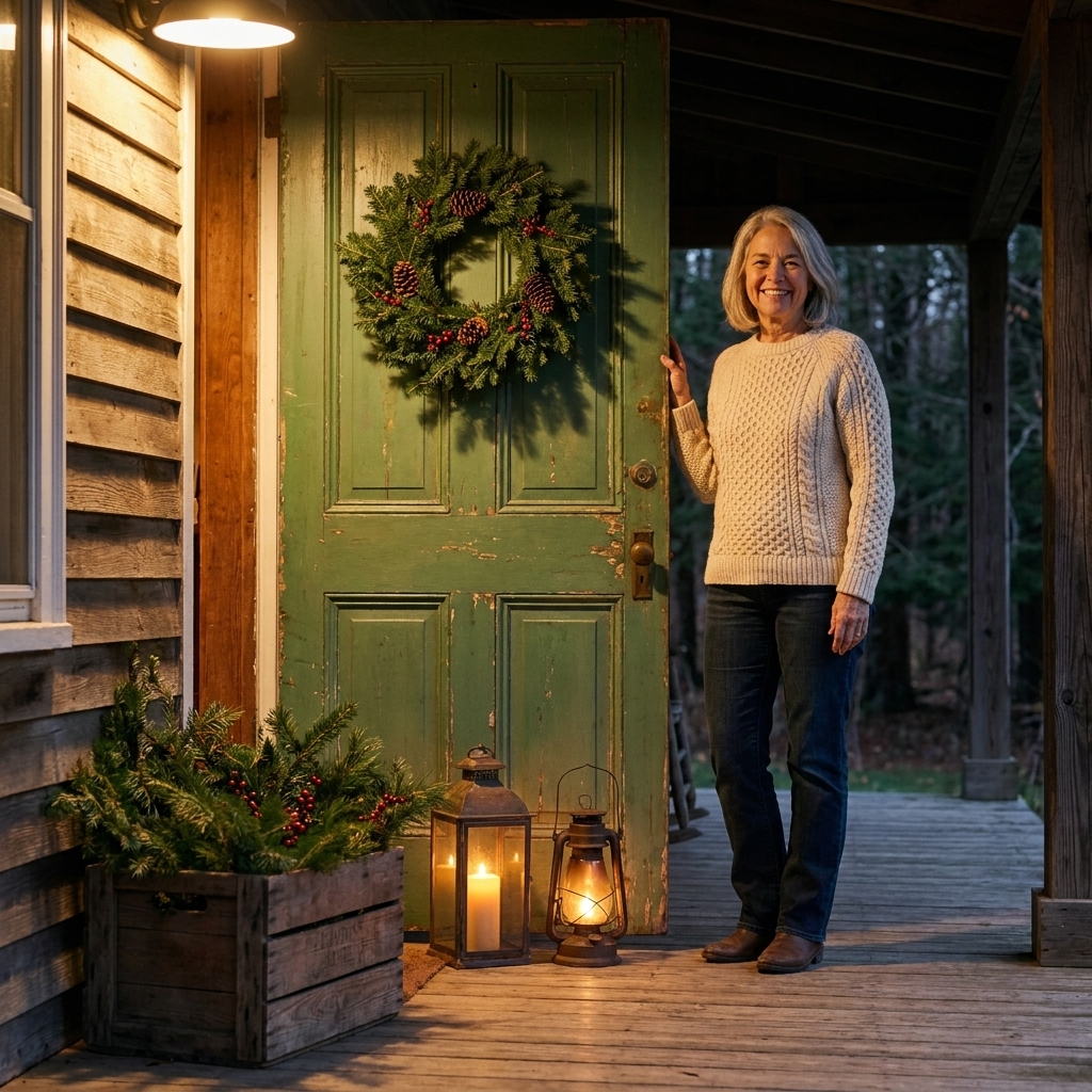 A rustic farmhouse front porch with a simple evergreen wreath on a painted door, two lanterns with warm candlelight, and a wooden crate filled with pine branches