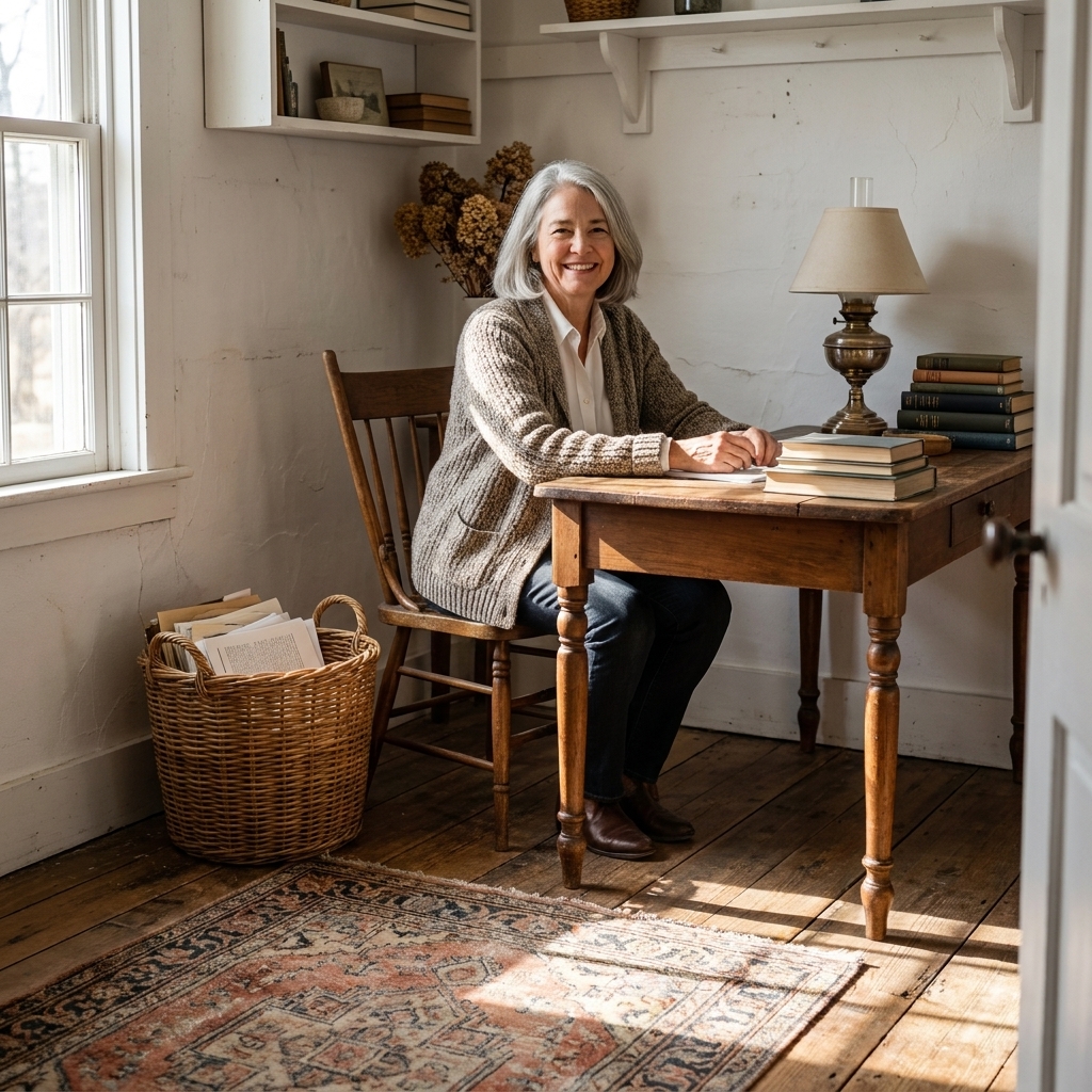A rustic farmhouse home office corner with a worn vintage-style rug under an antique desk, a woven basket for storage, and sunlight across the floorboards