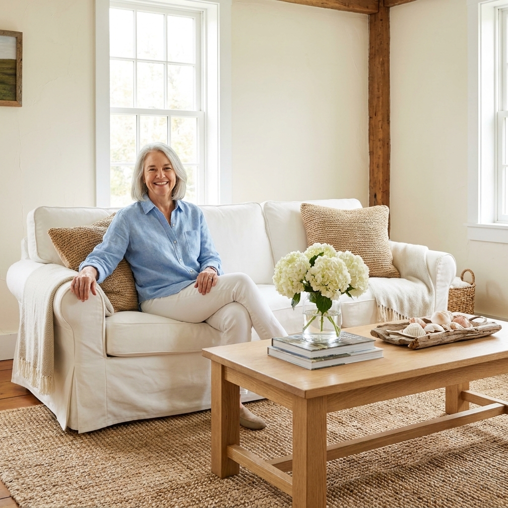 A rustic farmhouse living room with a woven jute rug under a light wood coffee table and a white sofa, styled with simple summer decor