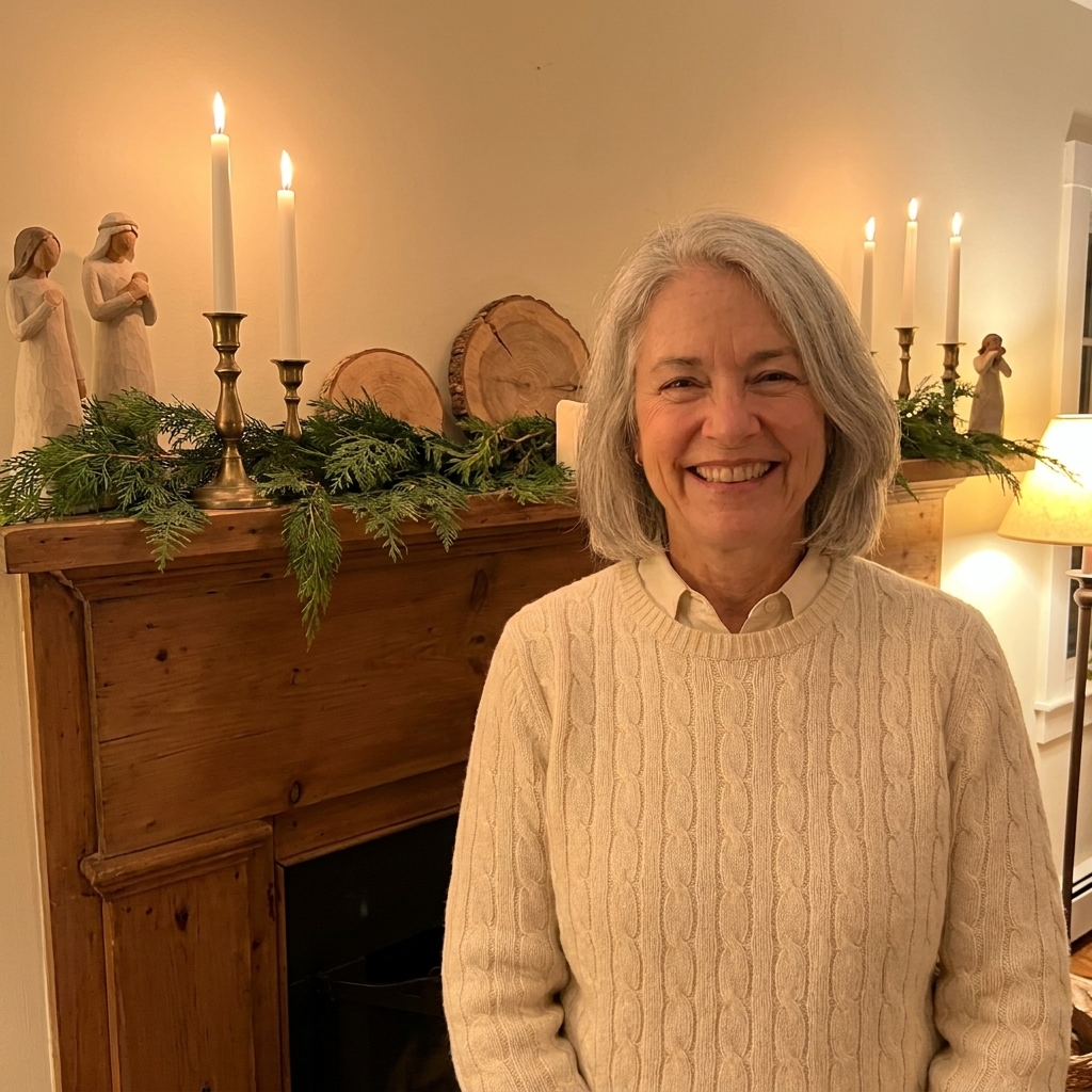 A rustic farmhouse mantel decorated with simple evergreen garland, white taper candles in brass holders, and a few natural wood accents in warm evening light