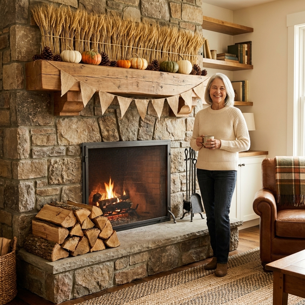 A rustic living room fireplace with neatly stacked firewood on the hearth and simple fall decor on the mantel above