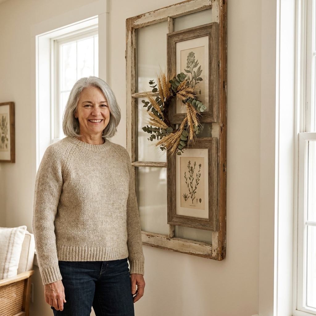 A rustic living room wall grouping with an old window frame layered behind framed art and a small wreath, in warm neutral tones