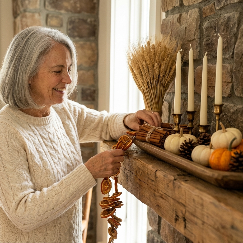 A rustic mantel vignette with bundled cinnamon sticks, dried orange slices, and ivory taper candles on a wood tray