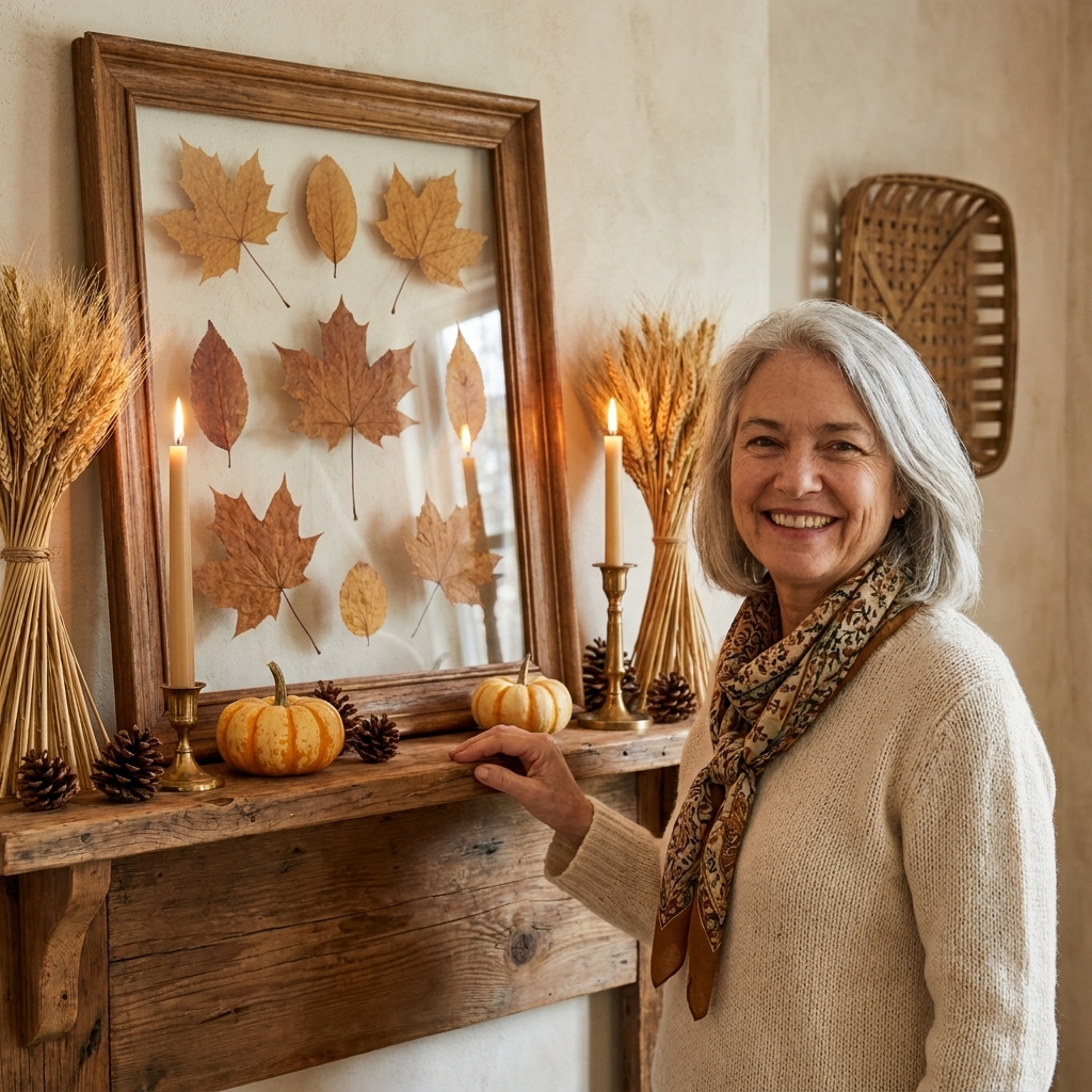 A rustic mantel with a thrifted wood frame holding pressed autumn leaves, styled with small pumpkins and taper candles