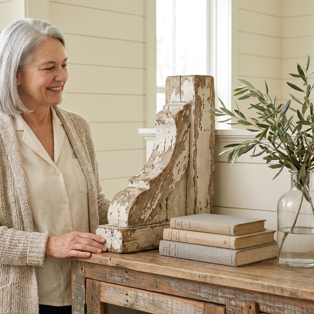 A rustic modern farmhouse console vignette featuring a single antique corbel, a small stack of neutral books, and a simple glass vase with olive branches