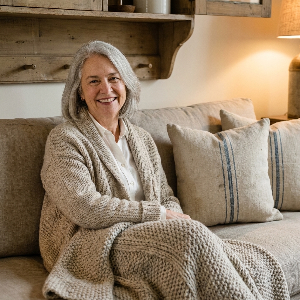 A rustic neutral sofa styled with two vintage French grainsack linen pillows with faded blue stripes and a chunky knit throw