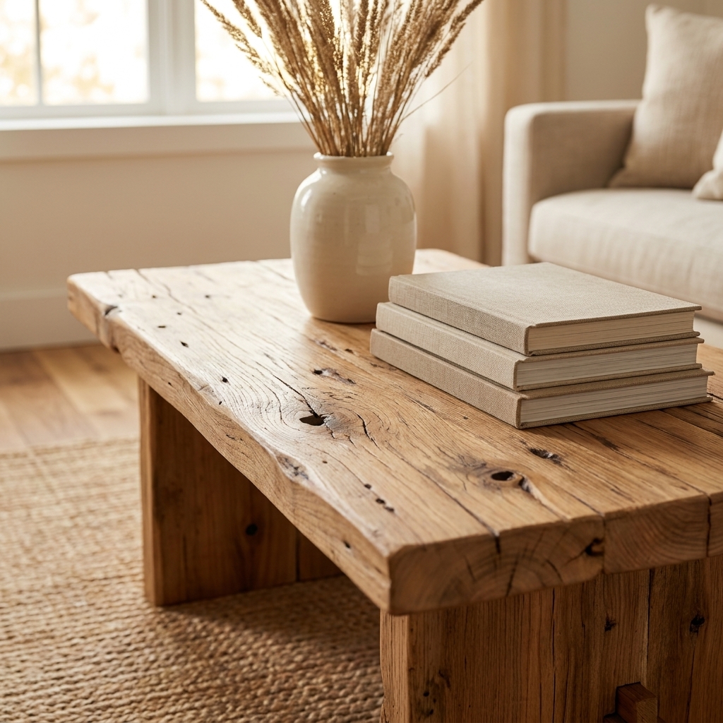 A rustic raw wood coffee table with visible grain and knots, styled with a cream ceramic vase and a stack of neutral books