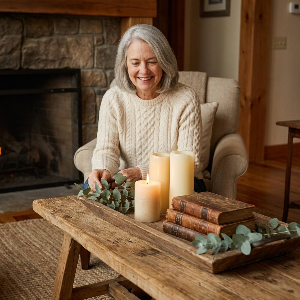 A rustic tray on a wooden coffee table holding three pillar candles, a small stack of vintage books, and a few sprigs of greenery in a warmly lit living room