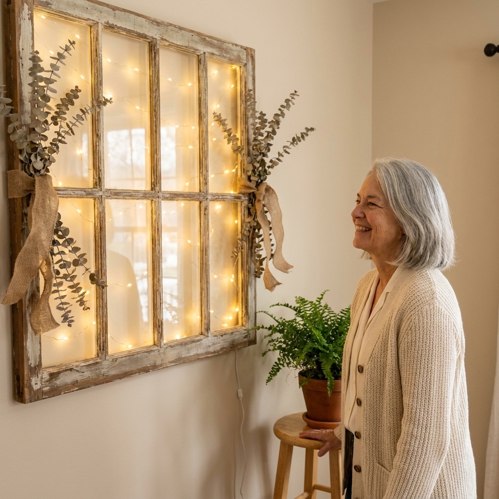 A rustic window frame wall hanging softly glowing from warm white lights placed behind the panes