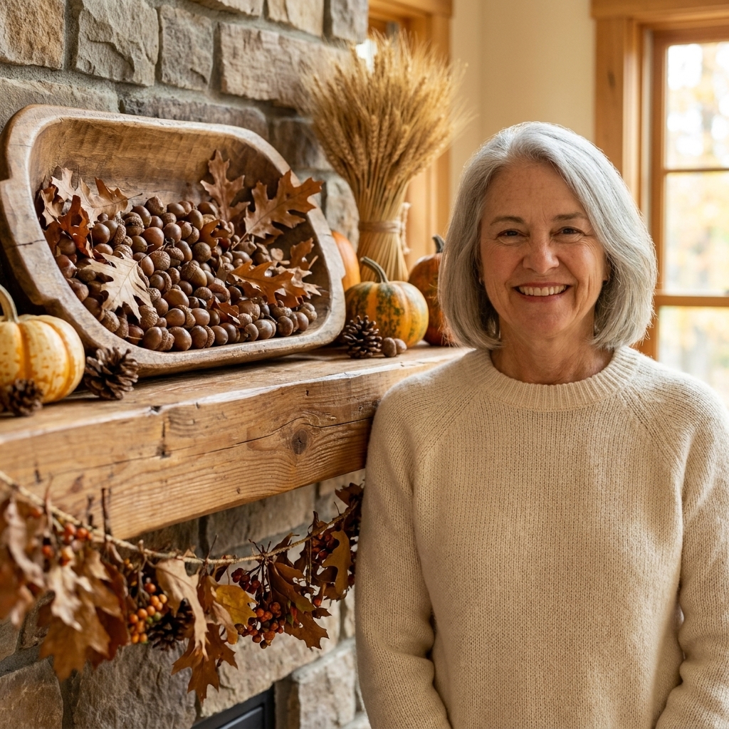 A rustic wood dough bowl filled with acorns and a few dried leaves sitting on a fall mantel