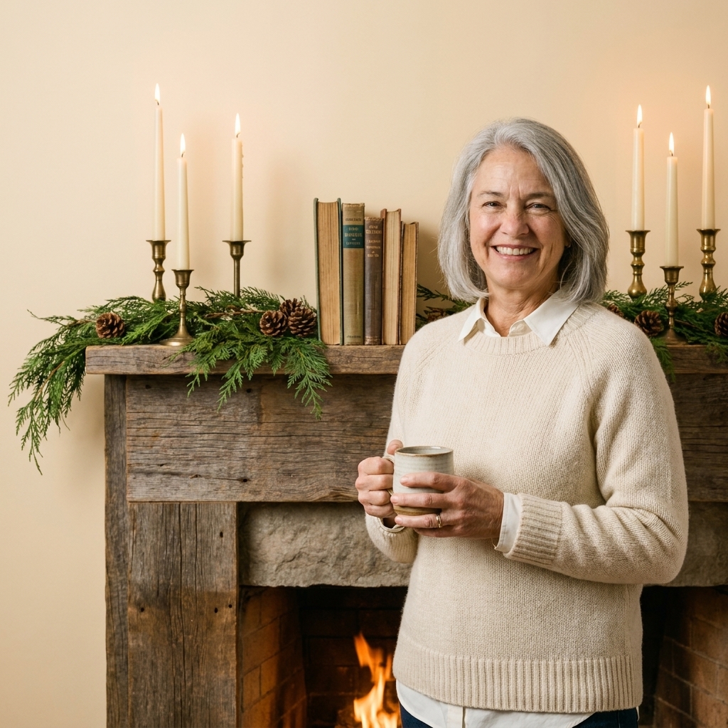 A rustic wood mantel with a simple cedar garland, taper candles in aged brass holders, and stacked vintage books, styled for winter after the holidays