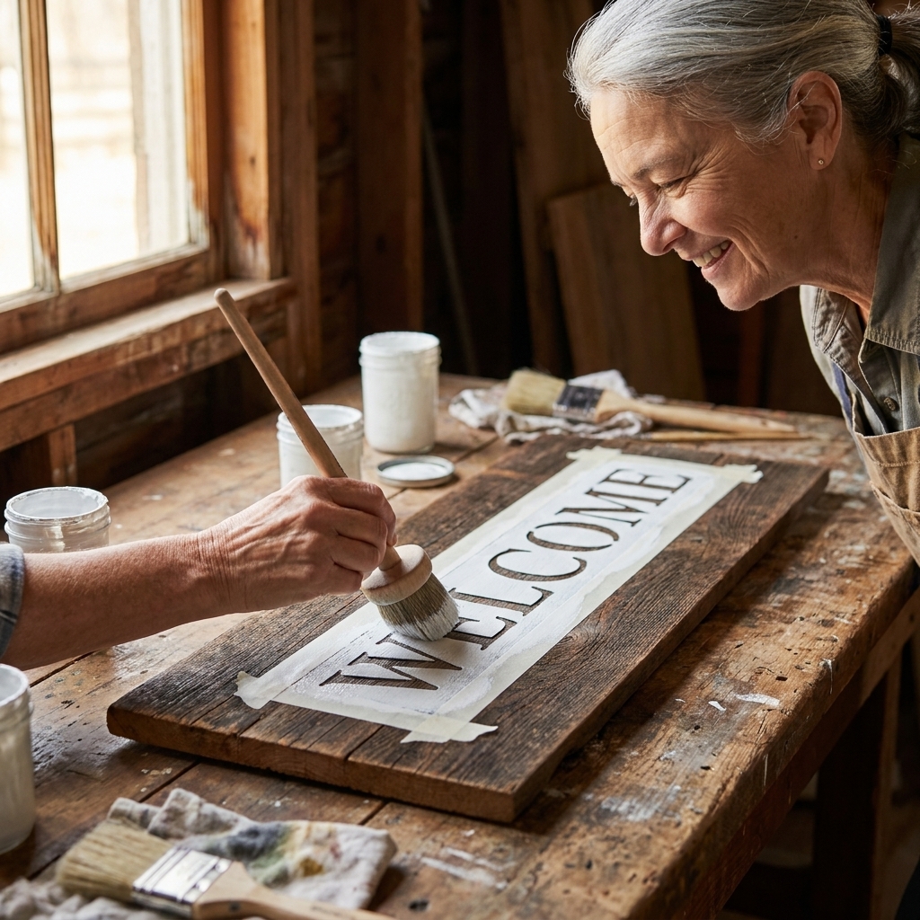 A rustic wood sign on a work table with a welcome stencil taped in place while a hand uses a stencil brush to dab white paint