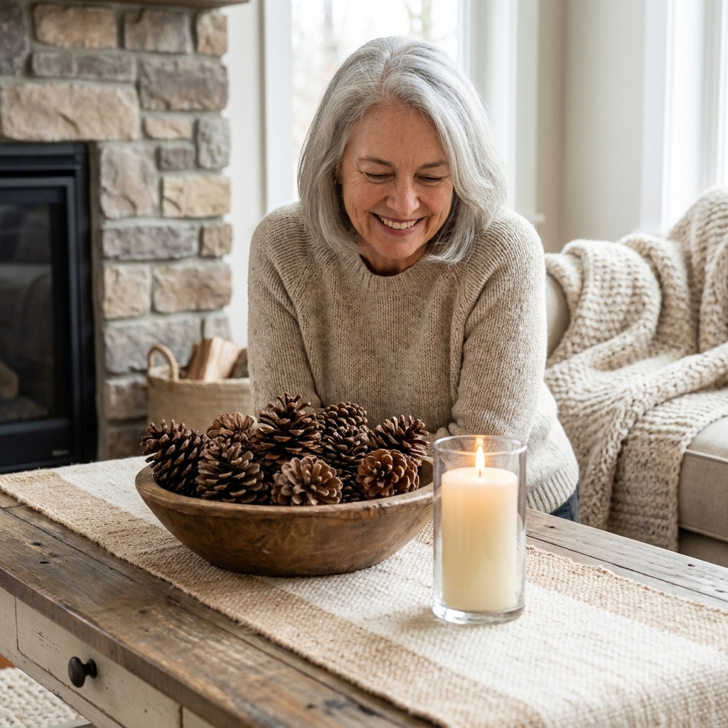 A rustic wooden bowl filled with pinecones on a farmhouse coffee table beside a candle and a soft woven runner
